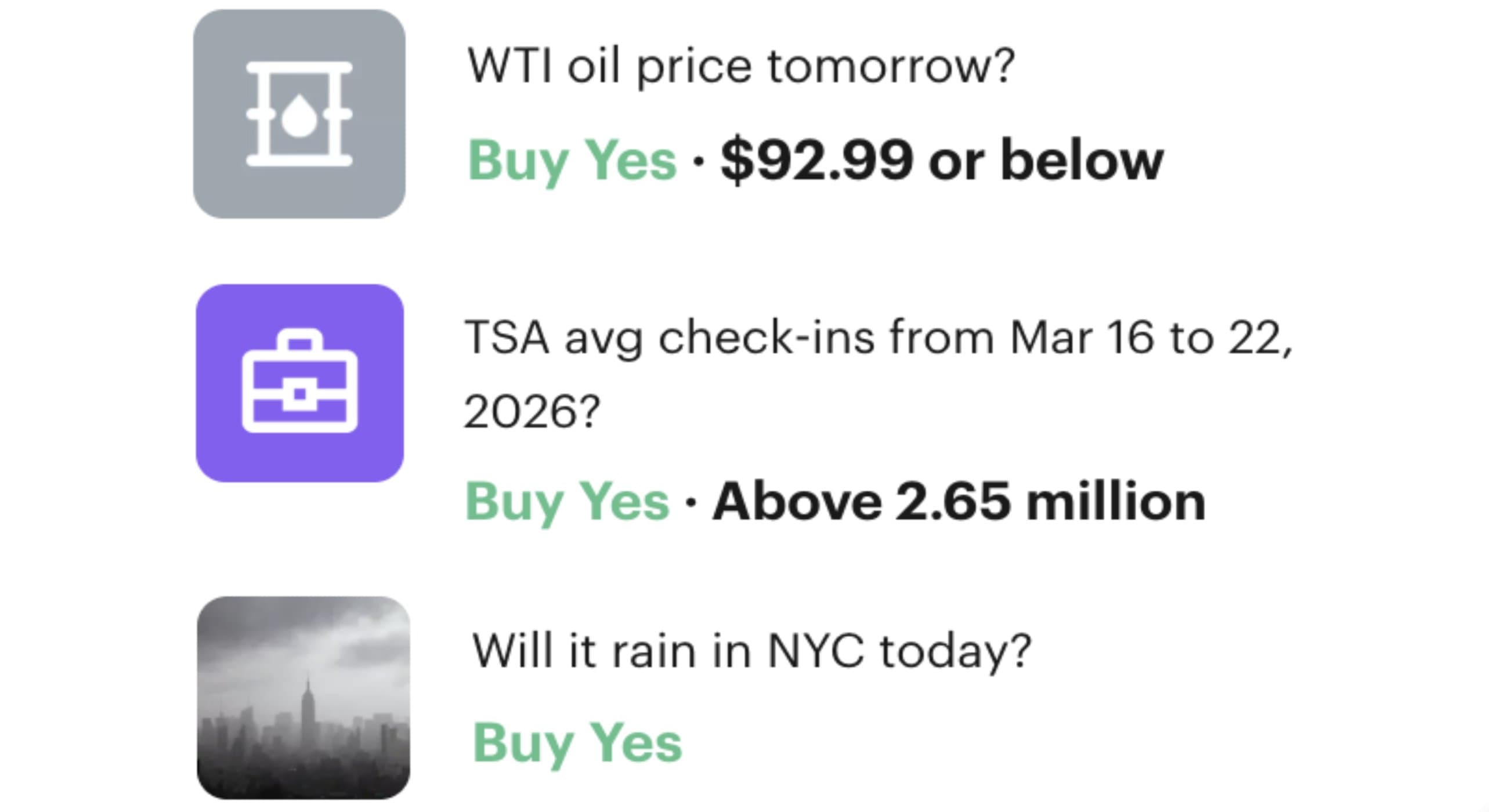 Three market cards an airline is exposed to: tomorrow’s WTI oil price, average TSA check-ins for the week, and rain in NYC today